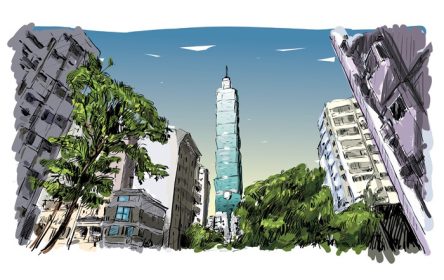 دانلود وکتور طرح رنگی طراحی شده با دست از منظره شهری تایوان با تصویر برداری آسمان خراش ها