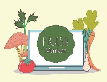 دانلود وکتور لپ تاپ تازه بازار غذای سالم ارگانیک با میوه و