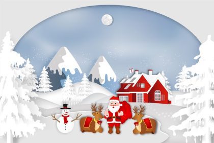 دانلود وکتور طرح کریسمس مبارک بابا نوئل و گوزن شمالی با آدم برفی در فصل زمستان به عنوان مفهوم سال نو مبارک