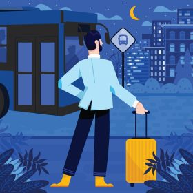 دانلود وکتور مرد با چمدان منتظر اتوبوس مفهومی