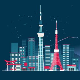 دانلود وکتور خط افق شهر توکیو با جزئیات شبح و کوه فوجی عالی برای چاپ پوستر و هنری