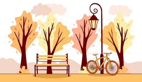 دانلود وکتور پس زمینه چشم انداز پاییزی پارک شهر دوچرخه فانوس نیمکت