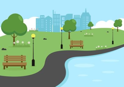 دانلود وکتور تصویر پارک شهر برای افرادی که ورزش می کنند بازی یا تفریح با درخت سبز و مناظر شهری چمن