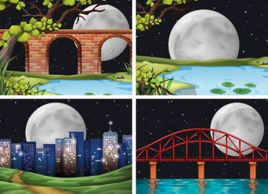 دانلود وکتور چهار صحنه شهر در شب ماه کامل بر روی پل تونل آب و شهر