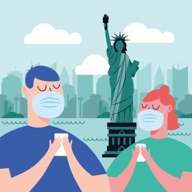 دانلود وکتور زن و مرد با ماسک در طرح وکتور شهر نیویورک
