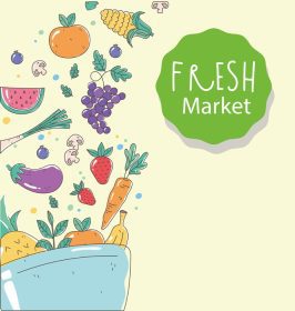 دانلود وکتور کاسه بازار تازه غذای سالم ارگانیک با میوه و