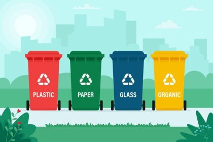دانلود وکتور سطل زباله برای زباله های شیشه ای پلاستیکی کاغذی ارگانیک در پس زمینه شهر