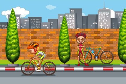 دانلود وکتور مرد دوچرخه سواری در تصویر شهر