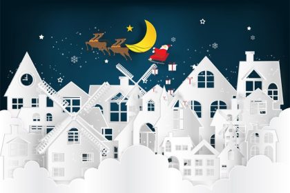 دانلود وکتور بابا نوئل روی سورتمه و گوزن شمالی در حال پرواز بر فراز شهر برفی با ابرها کریسمس مبارک در پس زمینه زمستان به عنوان تصویر برداری مفهومی تعطیلات و روز Xmas