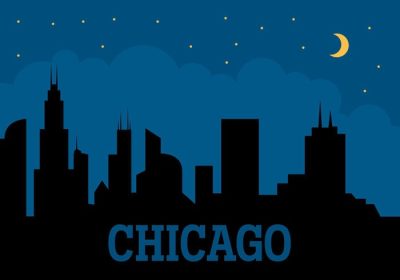 دانلود وکتور تصویر وکتور شهر شیکاگو با سیلوئت های خط افق در شب