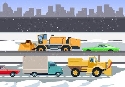 دانلود وکتور برف گیر سنگین تمیز کردن جاده با ماشین هایی که پشت سر می آیند