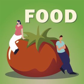 دانلود وکتور زن و مرد با غذای بزرگ گوجه فرنگی تازه