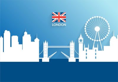 دانلود وکتور طرح وکتور لندن انگلیس به سبک برش کاغذی روی آسمان آبی و آب با پرچم