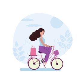 دانلود وکتور دختری برای خرید در فروشگاه دوچرخه سواری می کند نقاشی الف