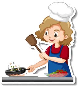 دانلود طرح وکتور استیکر با شخصیت کارتونی دختر آشپز در حال پخت غذا