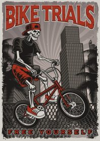 دانلود وکتور پوستر سیاه و سفید اسکلت در حال پریدن با دوچرخه در شهر