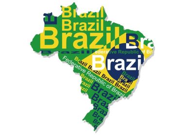 دانلود وکتور نقشه برزیل متشکل از شکل سرزمین نام کشور و رنگ های پرچم ملی تصویر برداری