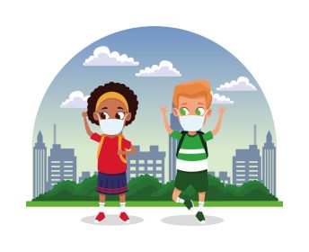 دانلود وکتور بچه های نژادی با استفاده از ماسک صورت برای کووید در شهر