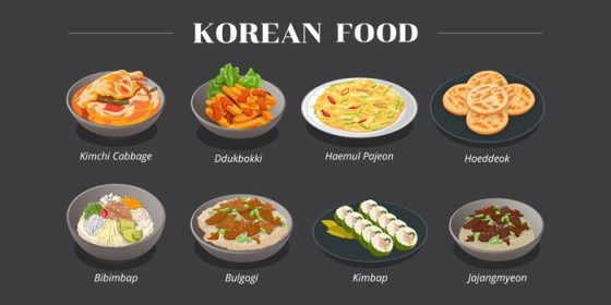 دانلود وکتور رنگارنگ مصور غذاهای منوی غذاهای کره ای در پس زمینه تیره