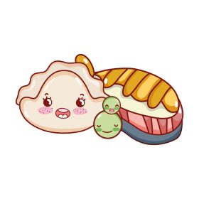 دانلود وکتور کاوائی ماهی سوشی نخود فرنگی و غذای کوکی کارتون ژاپنی تصویر وکتور سوشی و رول