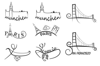 دانلود وکتور تصویر وکتور نمادهای شهر پاریس مونیخ ونیز طرح شهر سان فرانسیسکو