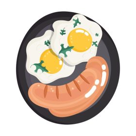 دانلود وکتور غذا منو شام کارتونی تازه تخم مرغ سرخ شده و سوسیس روی دیش وکتور تصویر