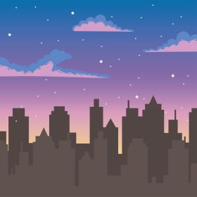 دانلود وکتور کارتون غروب آسمان با نمای ساختمان های شهری