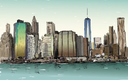 دانلود وکتور طرح رنگی طراحی شده با دست از منظره شهری منهتن شهر نیویورک با تصویر برداری آسمان خراش ها