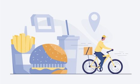 دانلود وکتور دوچرخه سوار در حال تحویل غذا به مشتریان