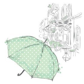 دانلود وکتور چتر با نقطه پولکا در یک خیابان شهری قدیمی