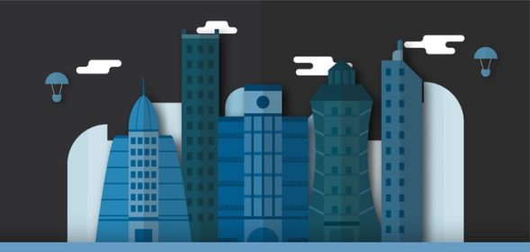 دانلود وکتور طراحی پاپ آپ ساختمان های شهری و شهر آینده در شب وکتور تصویر با سبک تخت
