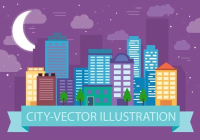 دانلود وکتور تصویر وکتور منظره شهری زیبا در شب طراحی شده برای برچسب پوستر کارت تبریک سند وب و سایر سطوح تزئینی