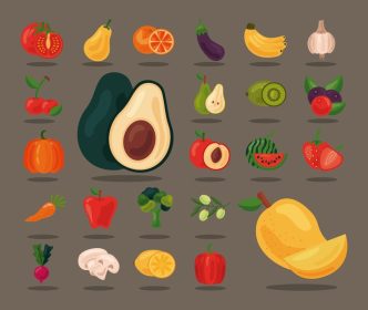 دانلود بسته وکتور بیست و چهار میوه و سبزیجات تازه نمادهای غذای سالم