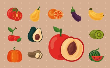 دانلود بسته وکتور دوازده میوه و سبزیجات تازه نمادهای غذای سالم