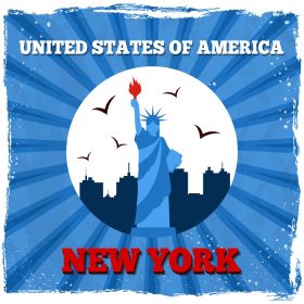 دانلود وکتور نیویورک ایالات متحده آمریکا پوستر یکپارچهسازی با سیستمعامل مجسمه آزادی، تصویر برداری وکتور خط افق