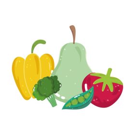 دانلود وکتور غذا سبزیجات و میوه گلابی فلفل گوجه فرنگی کلم بروکلی و نخود فرنگی منوی تازه وکتور مواد تشکیل دهنده رژیم غذایی