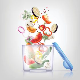 دانلود وکتور ظروف پلاستیکی غذا و سبزیجات واقعی