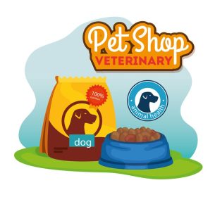 دانلود وکتور پت شاپ دامپزشکی با کیسه و ظرف غذا برای سگ
