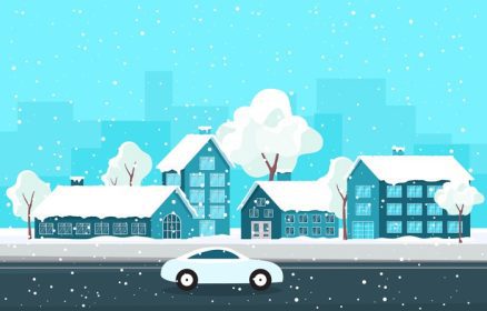 دانلود وکتور صحنه دنج شهر زمستانی برفی با درختان خانه و ماشین