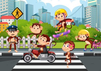 دانلود وکتور خیابان در صحنه شهر با میمون های زیاد