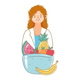 دانلود وکتور غذای پزشک متخصص تغذیه زن با میوه های تازه بازار غذای سالم ارگانیک وکتور تصویر