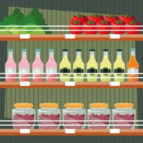 دانلود وکتور فروشگاه قفسه چوبی با آب میوه های بطری شده و غذاهای تازه