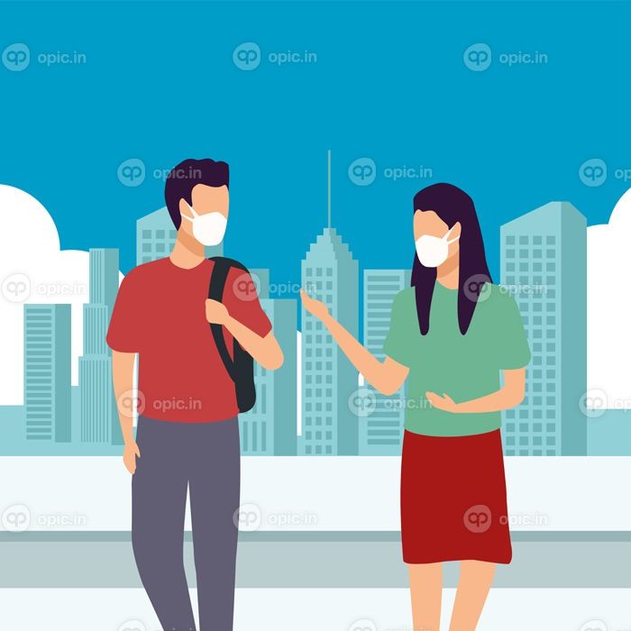 دانلود وکتور زوج جوان با ماسک پزشکی در شهر