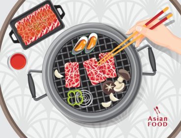 دانلود وکتور گوشت خوک کره ای bbq غذای کباب شده در بشقاب اسلاید گوشت