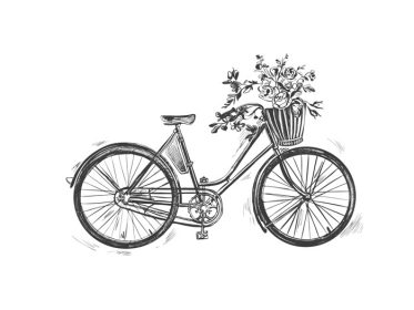 دانلود وکتور وکتور تصویر کشیده شده با دست از دوچرخه شهری با جوهر دوچرخه به سبک طراحی شده با دست با قفسه تابه ای و سبد حصیری جلو