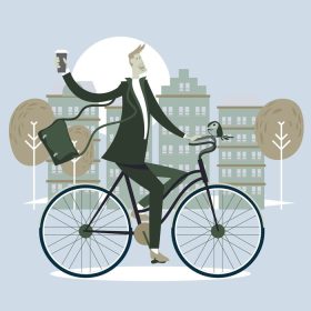 دانلود وکتور مرد تاجر دوچرخه سواری و فنجان قهوه به دفتر با سبک اسکاندیناوی عالی برای پوستر تصویر زمینه و کارت عنصر اینفوگرافیک