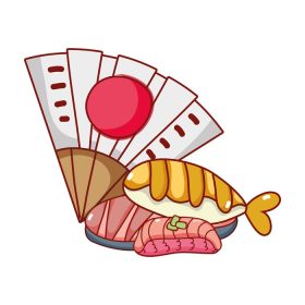 دانلود وکتور فن و سوشی برنج ماهی کاوایی غذای ژاپنی کارتون تصویر وکتور سوشی و رول