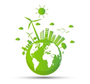 دانلود وکتور اکولوژی و مفهوم محیطی نماد زمین با برگ های سبز در اطراف شهرها با ایده های سازگار با محیط زیست به جهان کمک می کند
