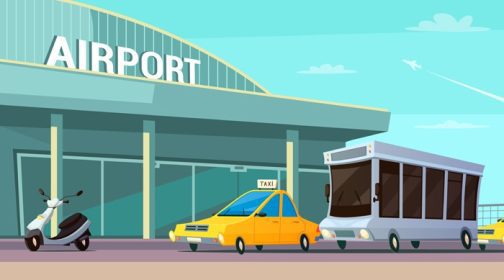 دانلود وکتور ترکیب کارتونی حمل و نقل شهری با اسکوتر تاکسی ترمینال فرودگاه و اتوبوس مسافربری در هنگام برخاستن از هواپیما پس زمینه تصویر برداری مسطح