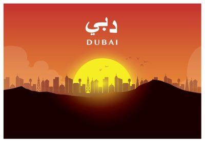 دانلود وکتور پوستر تصویرسازی دبی با سیلوئت منظره شهری در دسر
